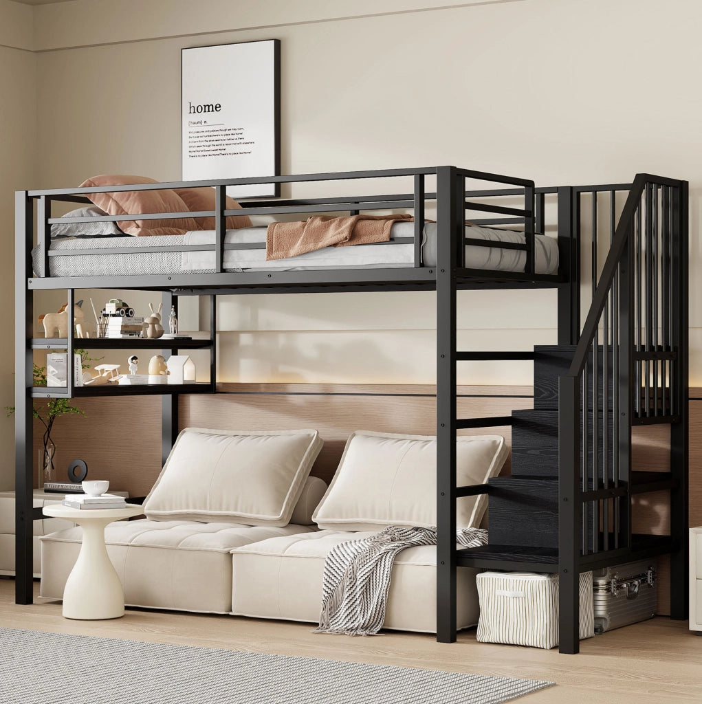Letto a soppalco 90x200 cm con scaffali e scala contenitore in metallo e MDF nero