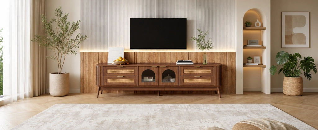 Mobile porta TV con 4 cassetti, 2 ante in vetro curvo, LED con app, per soggiorno, noce, 180 × 40 × 50 cm