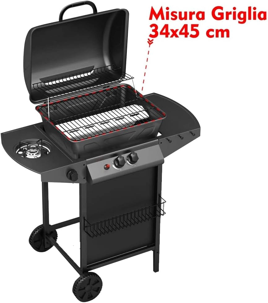 Barbecue a Gas Pietra Lavica 2 Fuochi + Fornello Piano Laterali Griglia Acciaio