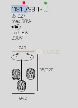SOSPENSIONE OTTONE SATINATO 3 LUCI TONDA VETRI TR + 2X BF 1181OS-S3 T-BT
