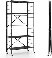 Scaffale Pieghevole con Ruote, Scaffale in Metallo con 5 Ripiani, Mobile in Metallo con Ripiani Regolabili e Grande Capacità da Cucina Balcone Soggiorno, Nero