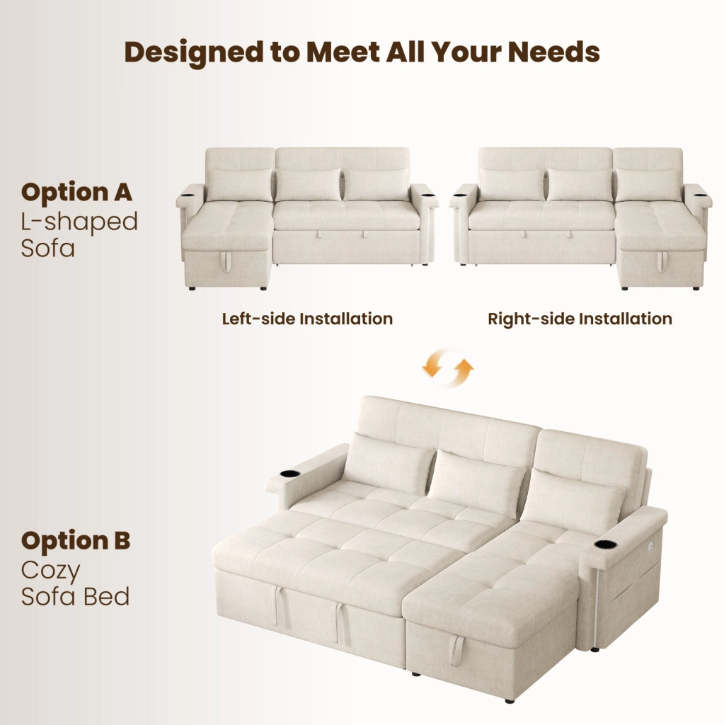 Divano letto angolare 209x141;5x90 cm in ciniglia beige con LED; USB e USB-C
