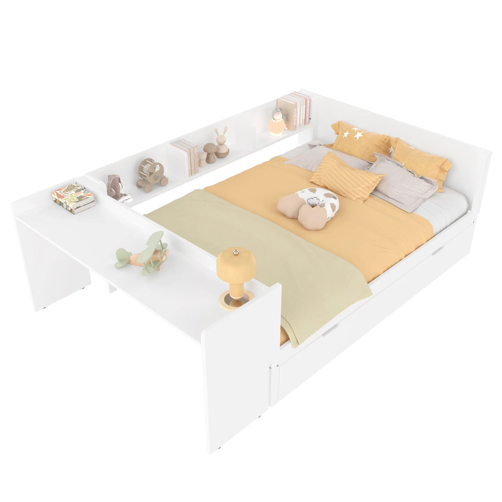 Letto a castello con scrivania e letto estraibile in pino e truciolare bianco 140x200 cm