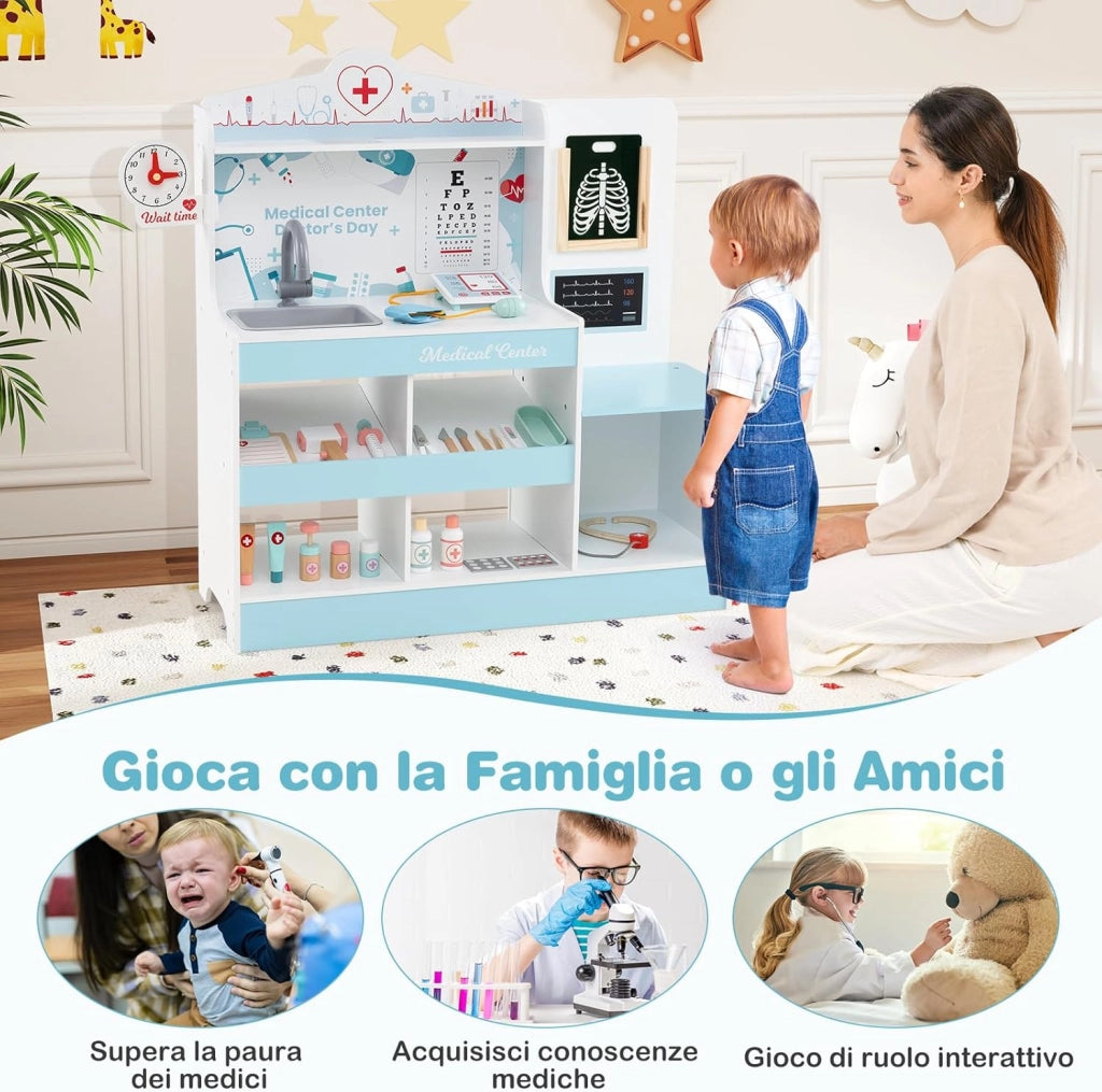 Set da Gioco Dottore in Legno, Centro Medico per Bambini con Orologio, Lavandino, Tabella Oculistica, Monitor ECG, Area Esame e 24 Accessori Giocattolo, 97 × 30,5 × 88 cm (Blu)