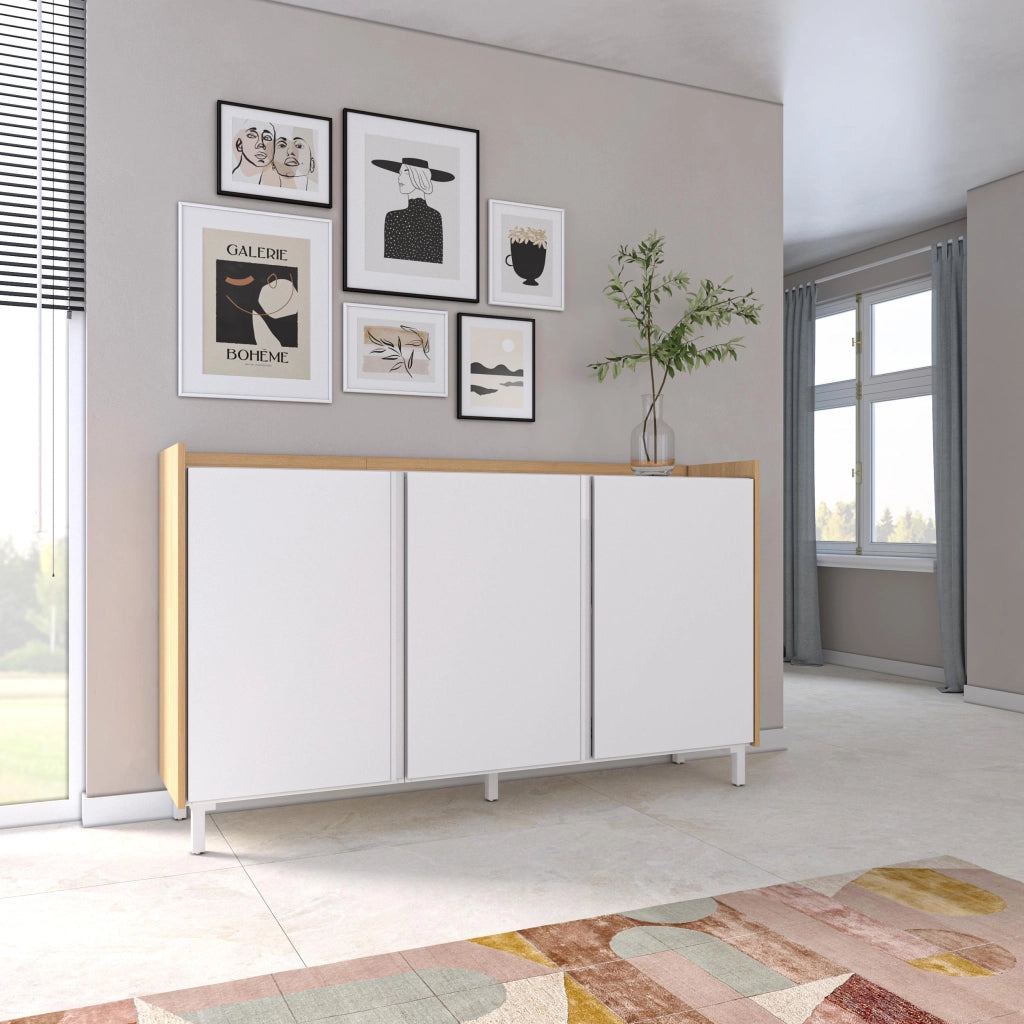 Credenza, Mobile, Cucina, 156x91x35 cm, 3 Porte, Design industriale, Bianco e Rovere soft