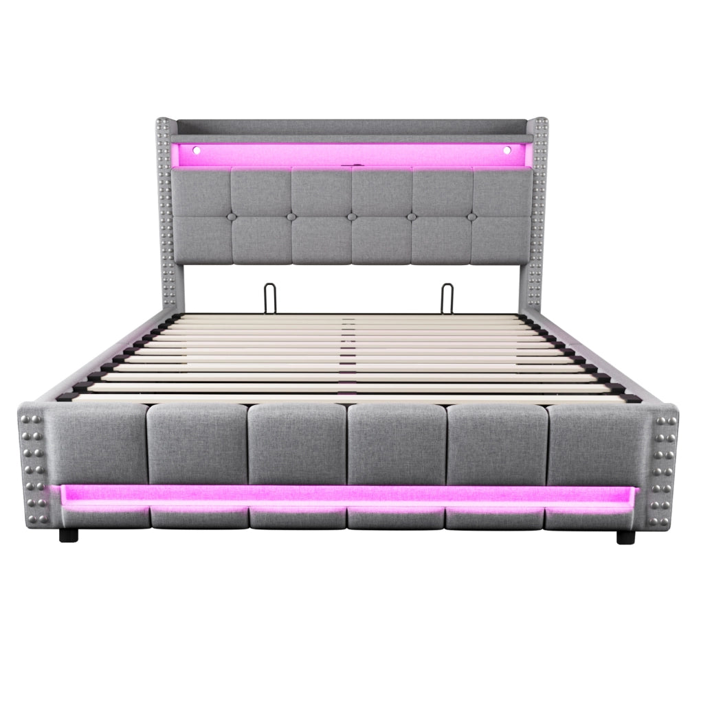 Letto imbottito 160x200 cm con LED; USB e contenitore in lino grigio chiaro