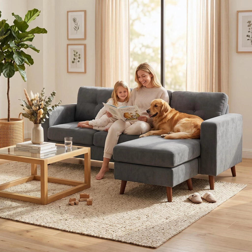 Divano angolare 3 posti con chaise longue reversibile ¨C Xylo ¨C tessuto effetto velluto grigio scuro 192 cm