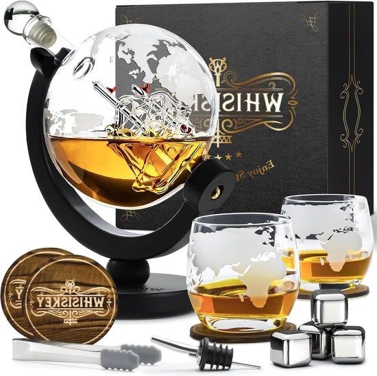 Decantatore di Whisky con Globo del Mondo 900ml, Regalo per Uomo, 4 Pietre di Whisky