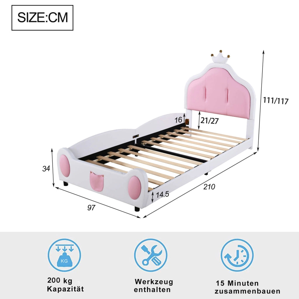 Letto per bambini imbottito 90x200 cm con testiera a corona; bianco e rosa in similpelle