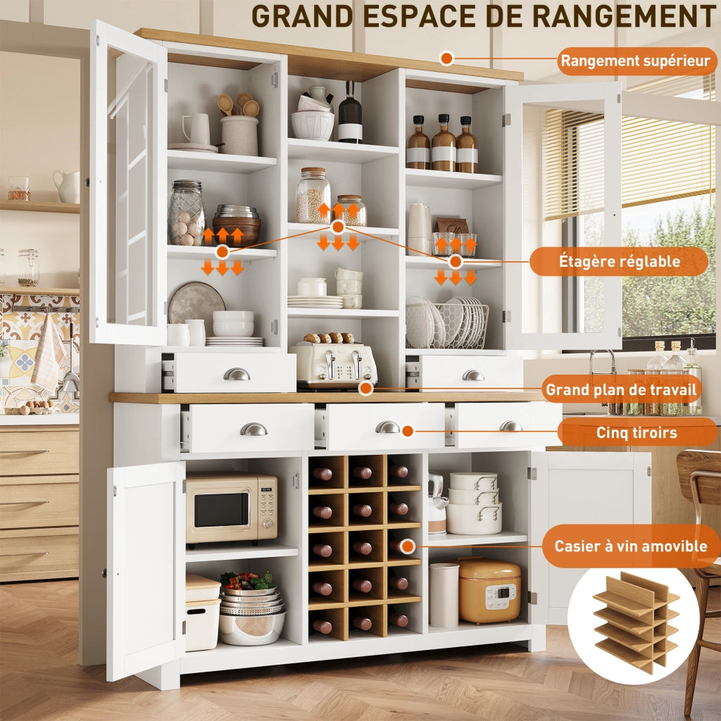 Credenza alta con anta in vetro, 5 cassetti e ripiano regolabile, per cucina e soggiorno, in MDF e vetro, bianco