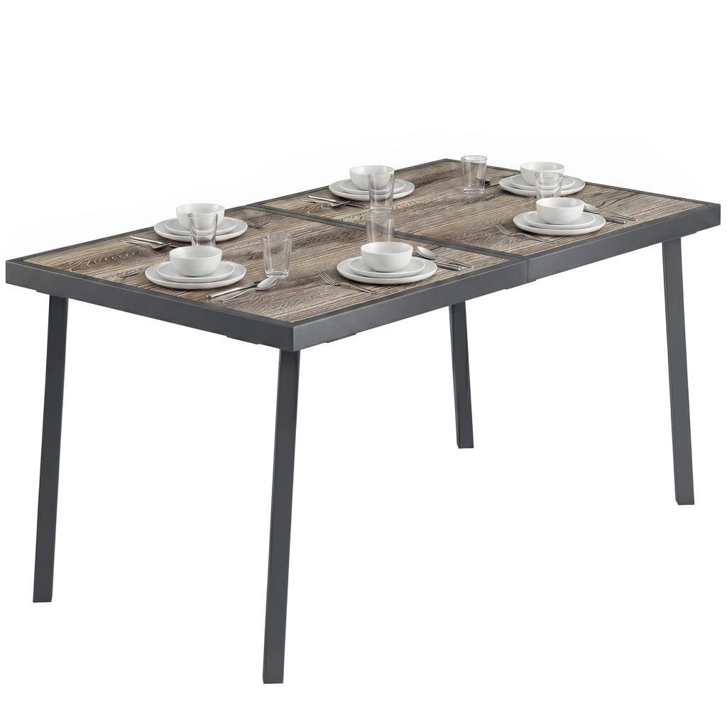 Tavolo da Giardino Rettangolare per 6 Persone con Piano Effetto Legno ¨C zephmum ¨C Grigio, Acciaio, PSPC, 145x85x72 cm