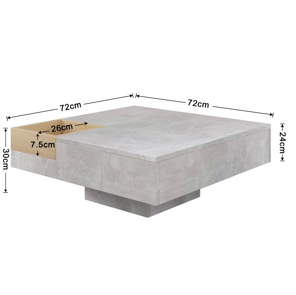 Tavolino da caffè 72x72x30 cm con box contenitore estraibile; grigio cemento e legno