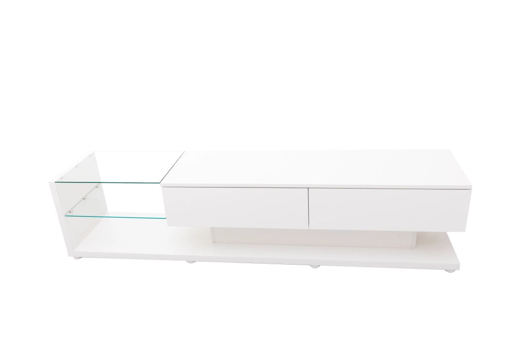 Mobile porta TV con 2 cassetti, 2 ripiani in vetro, LED variabile, bianco lucido, 170 × 36 × 38 cm