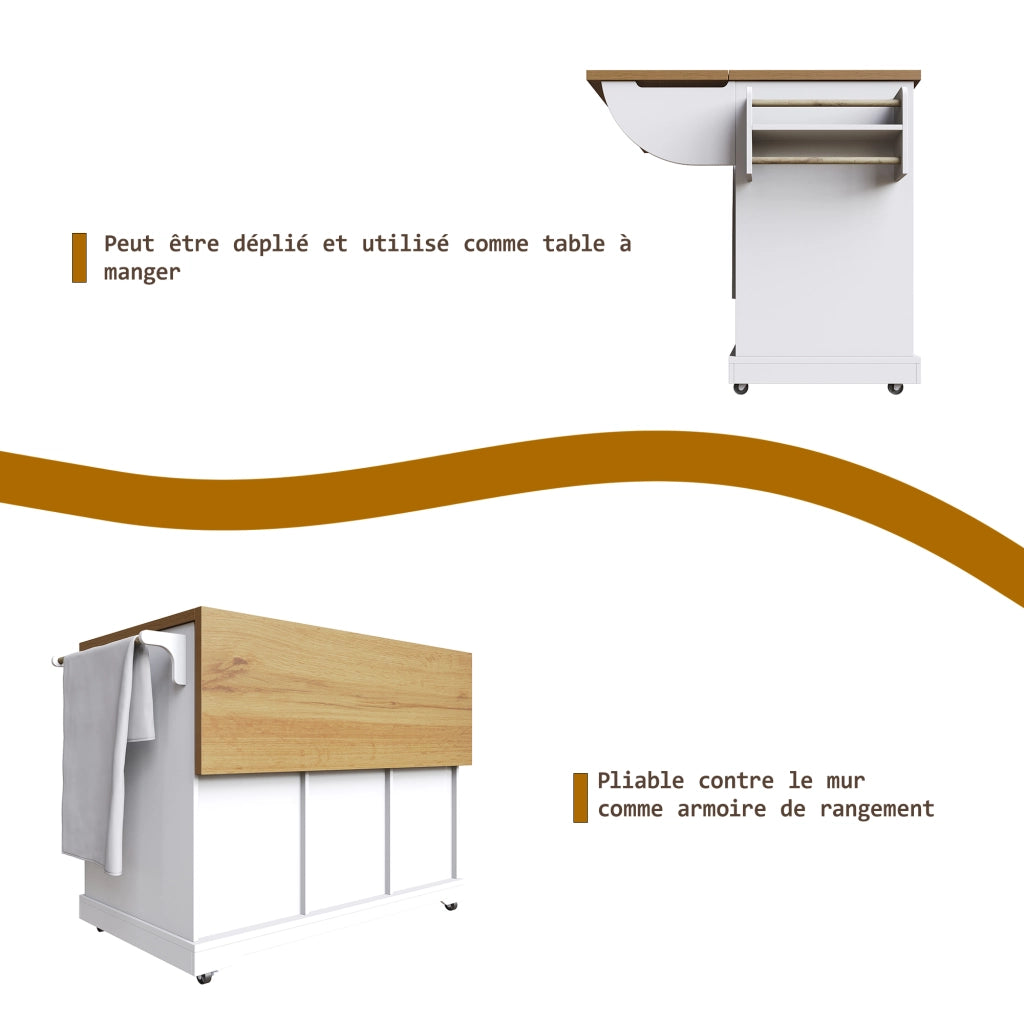 Carrello da cucina pieghevole con vano contenitore; tavolo ribaltabile multifunzione in MDF e metallo per cucina