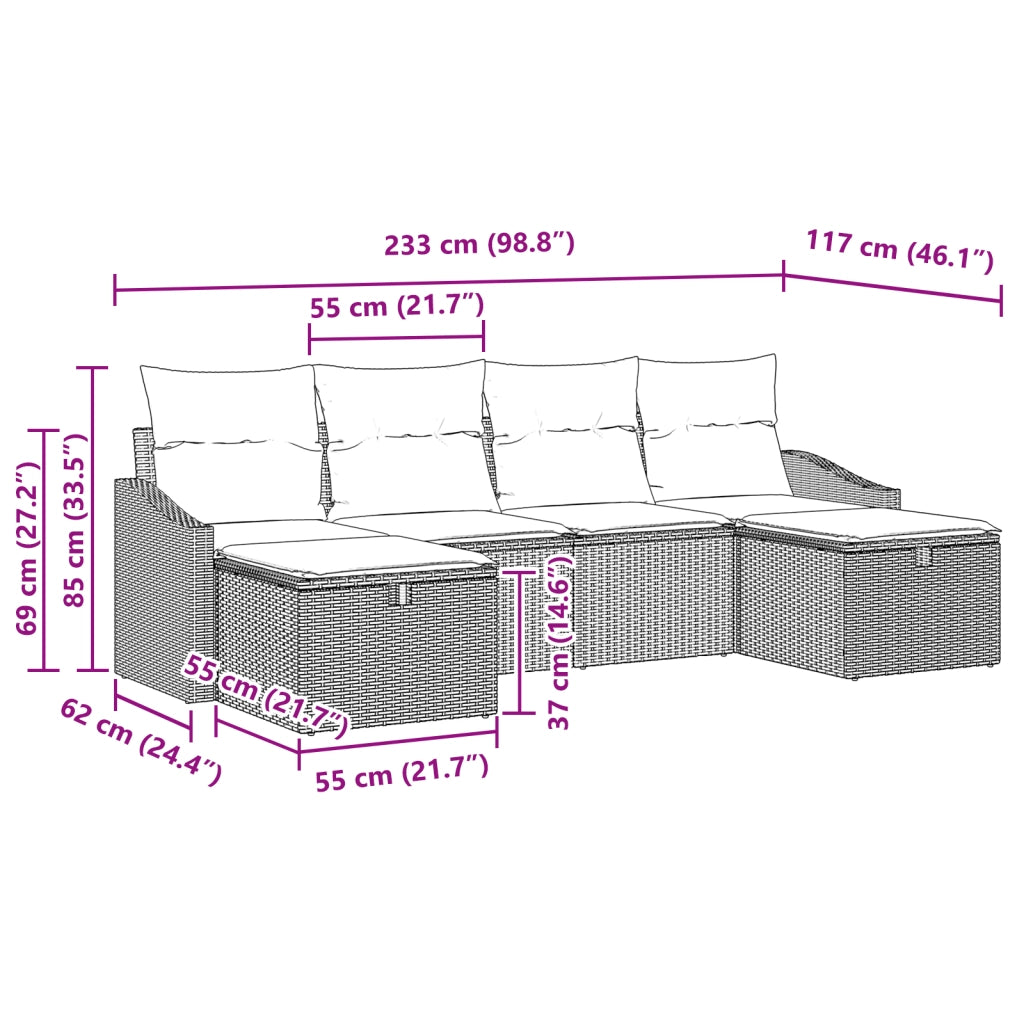 Set Divano da Giardino 6 Pezzi con Cuscini Nero Polyrattan
