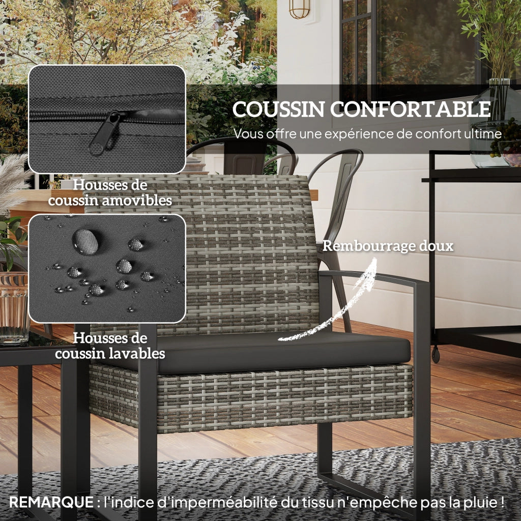 Set giardino 3 pezzi ¨C zephmum ¨C 2 sedie con cuscini + tavolino in vetro e polyrattan, grigio chiaro