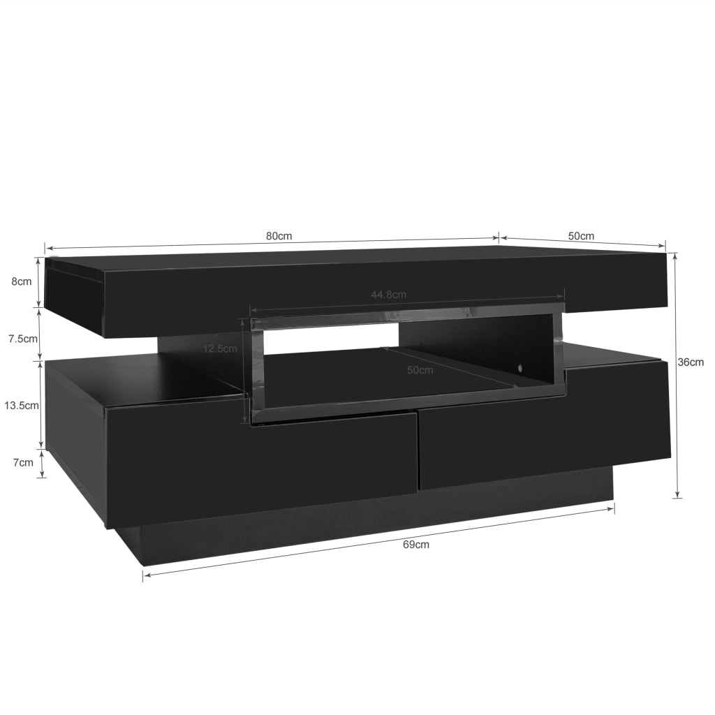 Tavolino da salotto con 4 Cassetti e 3 Vani; LED regolabile; Finitura Lucida; in Pannelli di Particelle; Nero