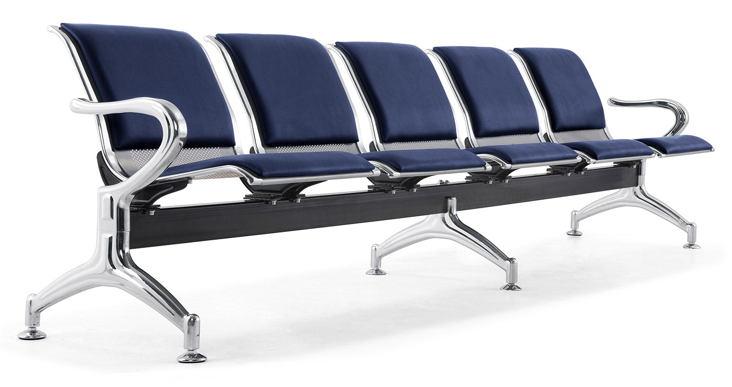Panca per Sala Attesa 5 Posti da Ufficio con Cuscino in Acciaio e Similpelle Argento/Blu Navy