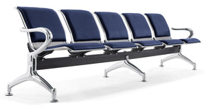 Panca per Sala Attesa 5 Posti da Ufficio con Cuscino in Acciaio e Similpelle Argento/Blu Navy