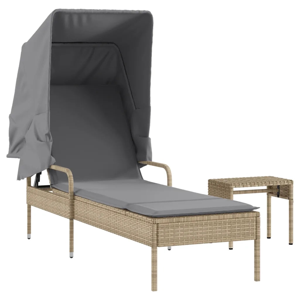 Lettino Prendisole | Sdraio da giardino | Lettino da sole con Baldacchino e Tavolino Beige Polyrattan