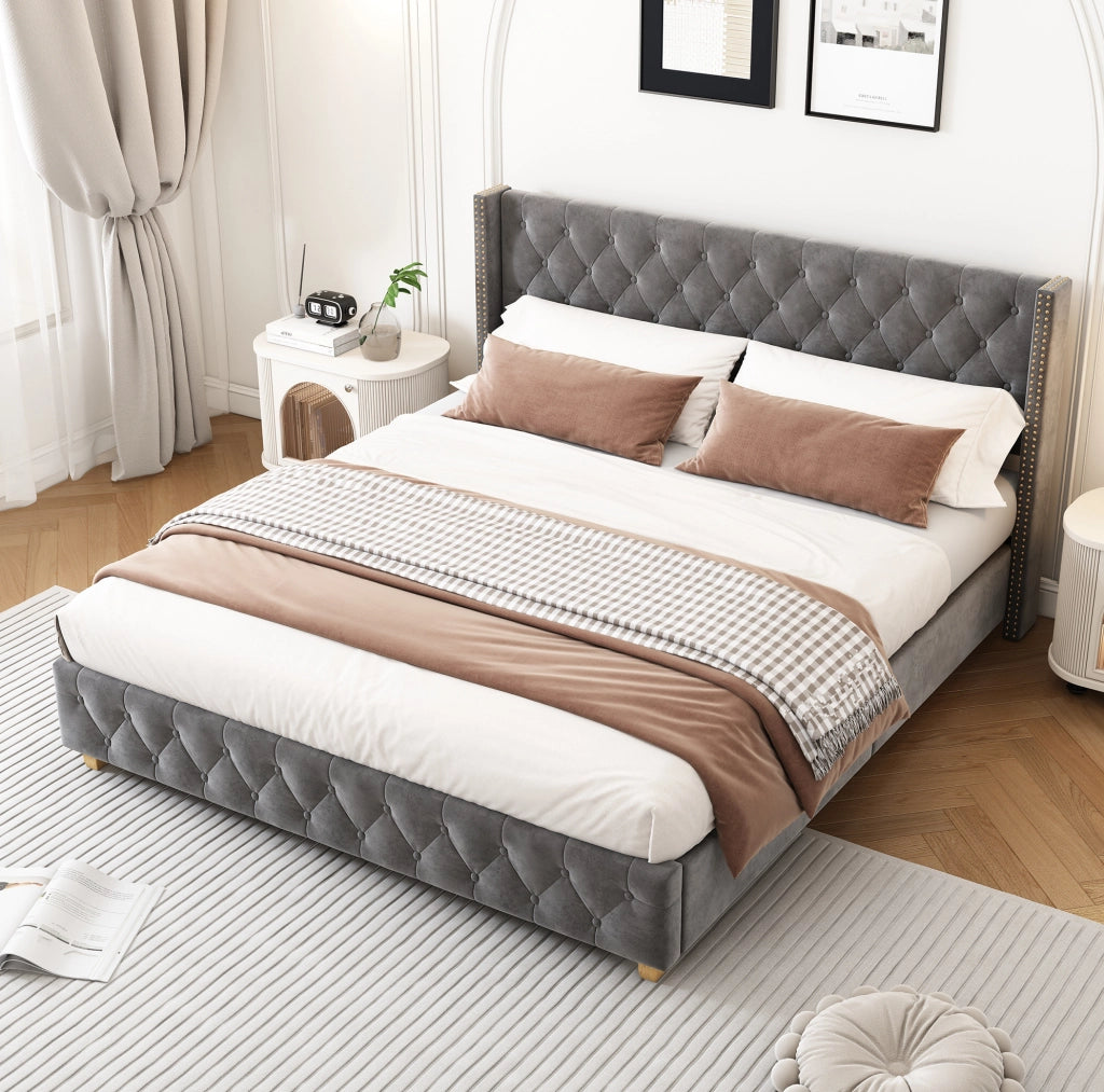 Letto imbottito 160x200 cm con testiera e rete a doghe; velluto grigio