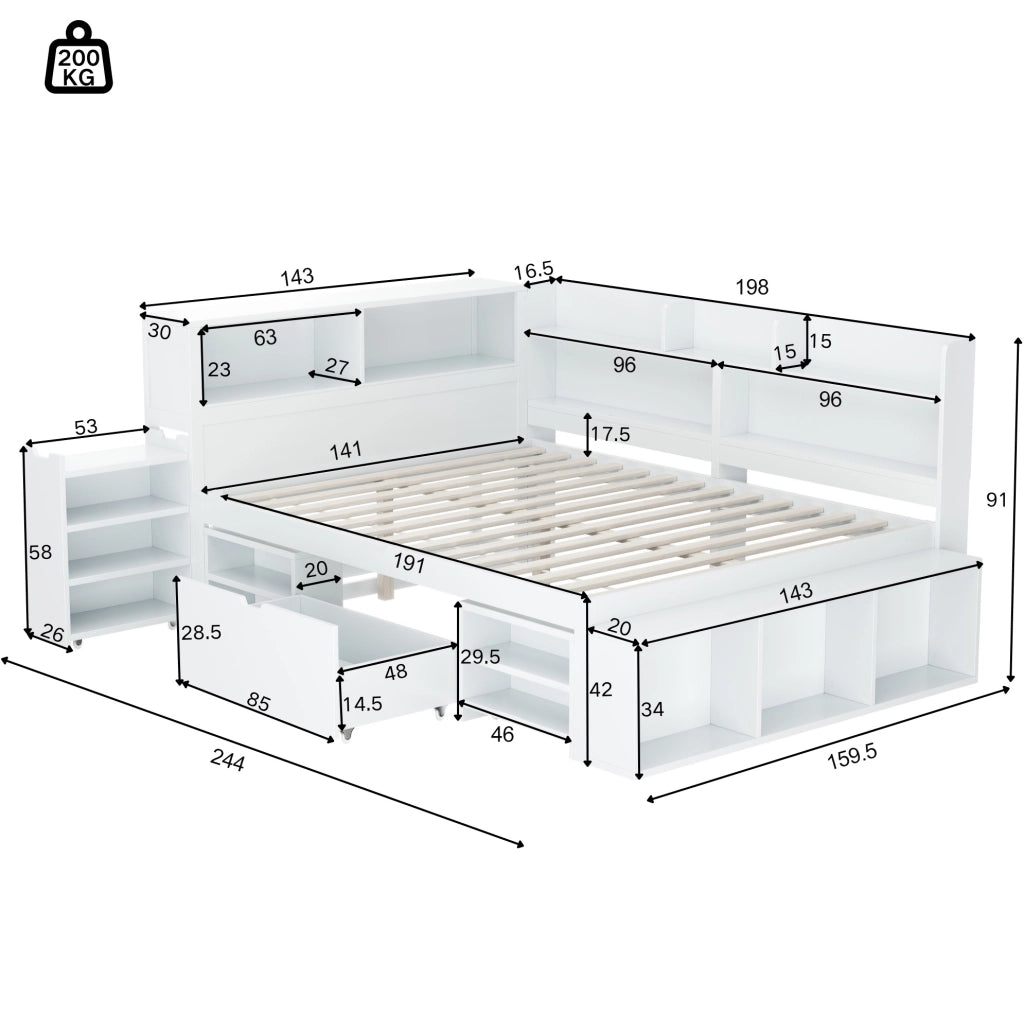 Letto per bambini 140x190 cm con cassetti e ripiani in compensato; bianco