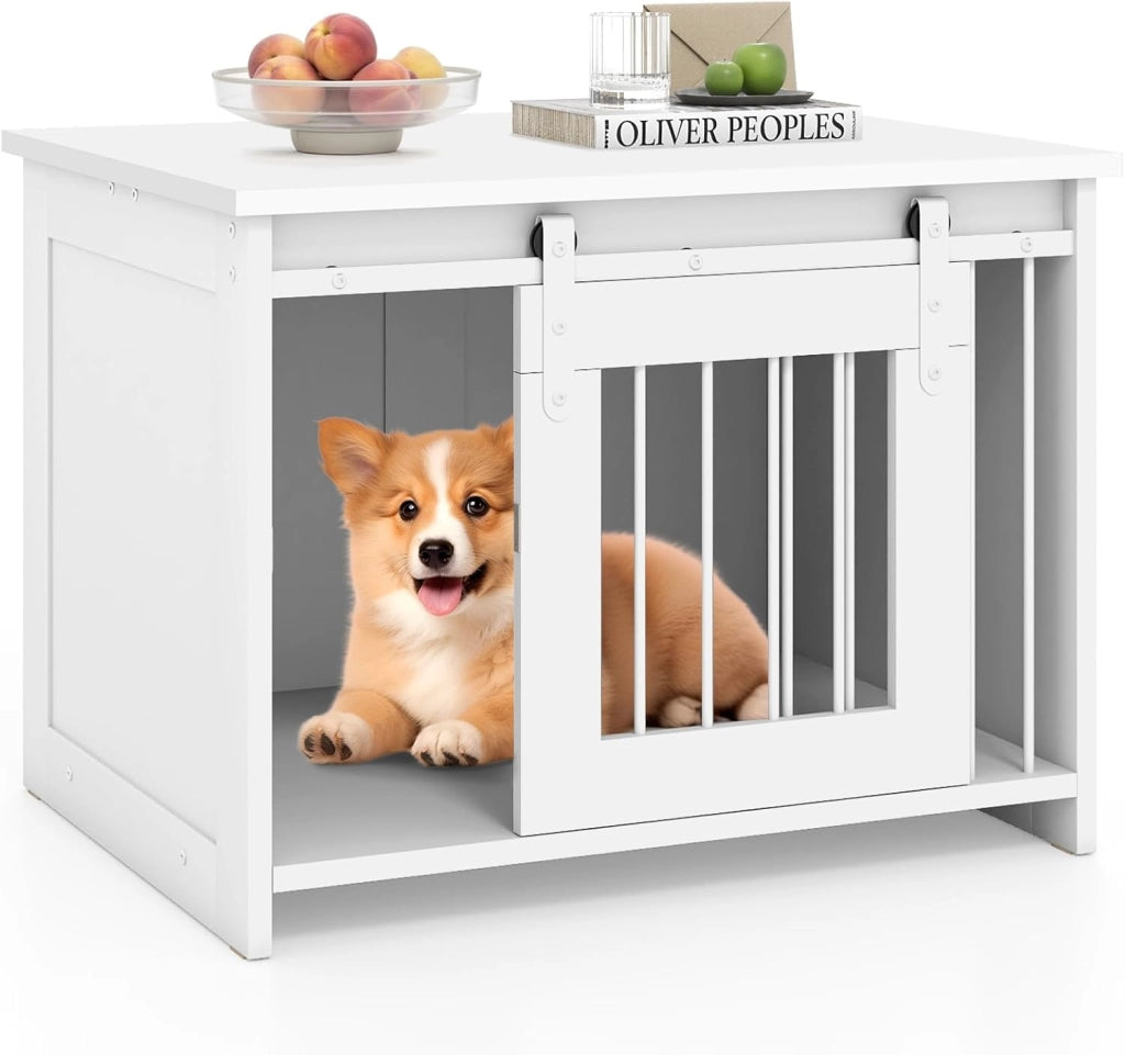 Cuccia per Cani da Esterno ed Interno, Gabbia in Legno con Ampio Piano Superiore, Porta Scorrevole, Tubi in Metallo Resistenti alla Masticazione, Casetta per Cani Piccoli e Medie (Bianco)