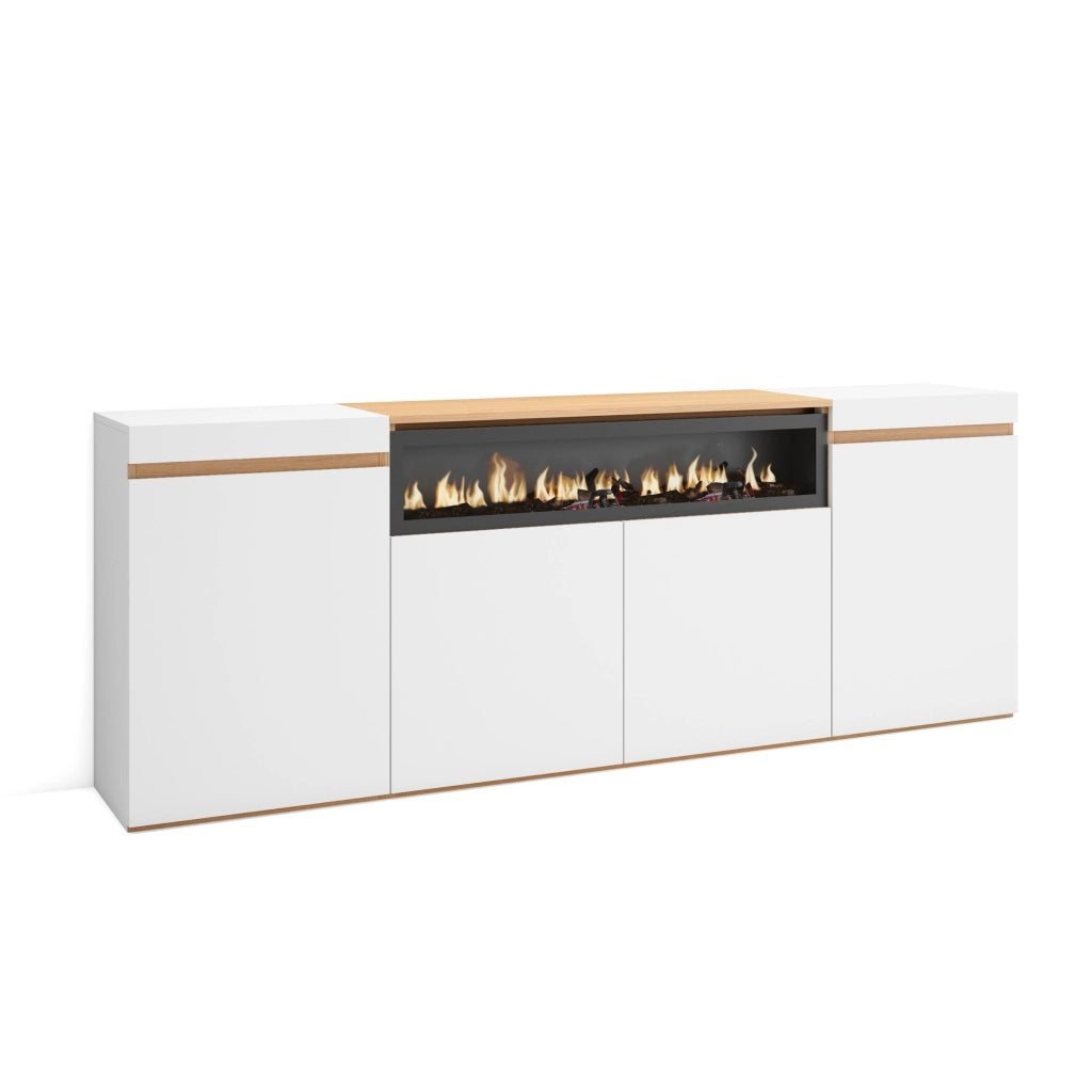 Credenza, Mobile, Cucina, 200x75x35cm, 4 Porte, Camino elettrico, Bianco e Rovere soft