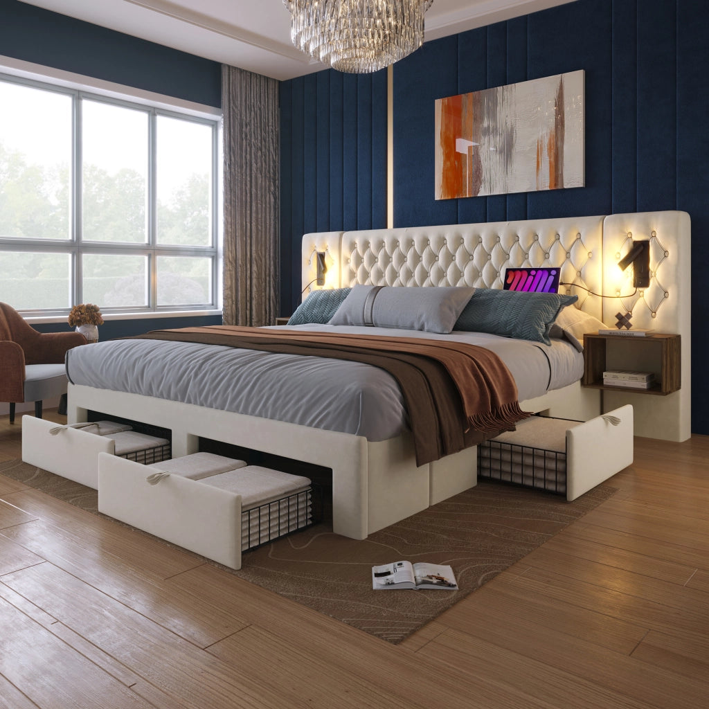 LETTO imbottito Vintage 160x200 cm Velluto Beige con 2 comodini e 4 cassetti