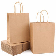 Pacchi di carta in busta di cartone, 15 x 8 x 21 cm, borse con manico in pelle marrone per confezioni, regali, feste, mercato, uso quotidiano