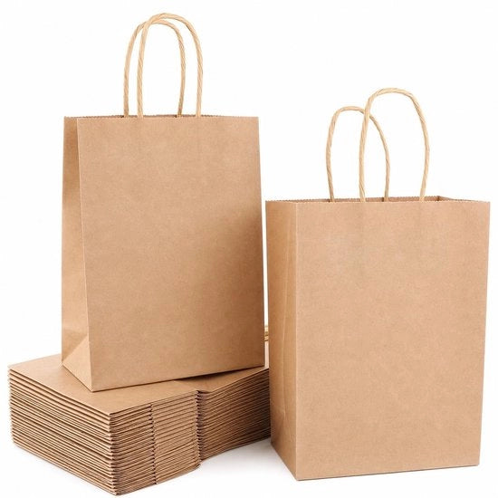 Pacchi di carta in busta di cartone, 15 x 8 x 21 cm, borse con manico in pelle marrone per confezioni, regali, feste, mercato, uso quotidiano