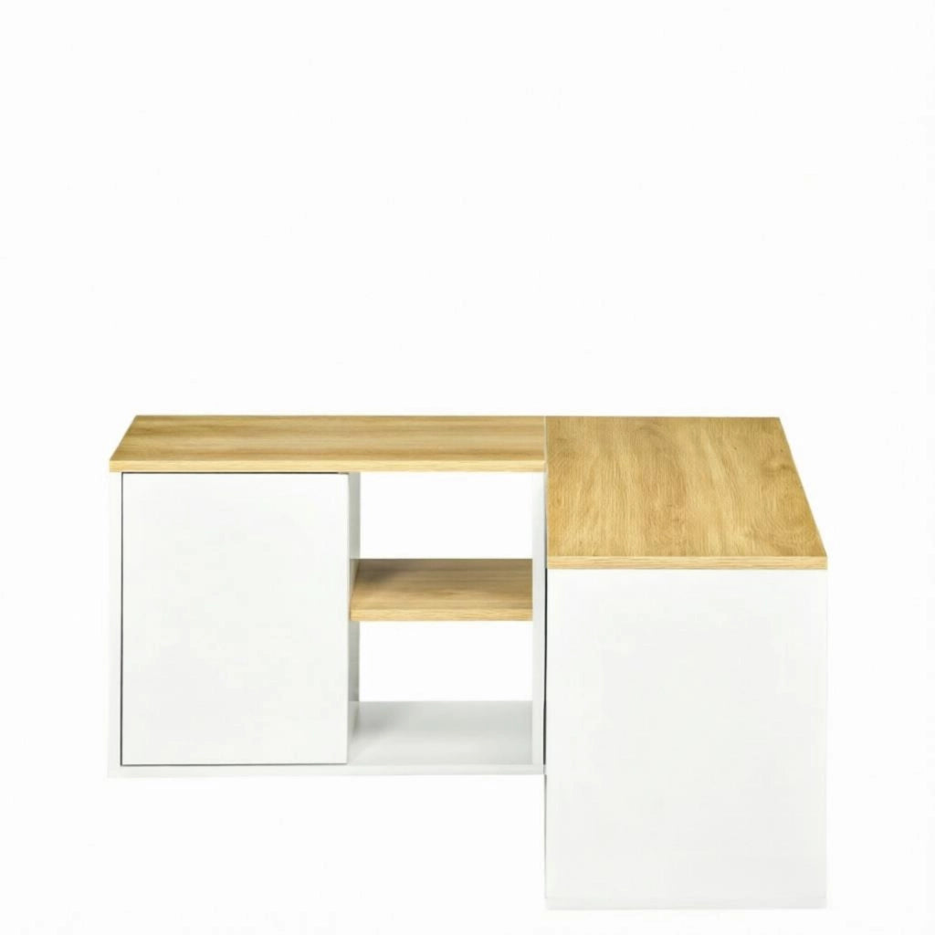 Mobile TV angolare moderno con 3 ripiani aperti e 2 vani con ante, finitura bianco e legno