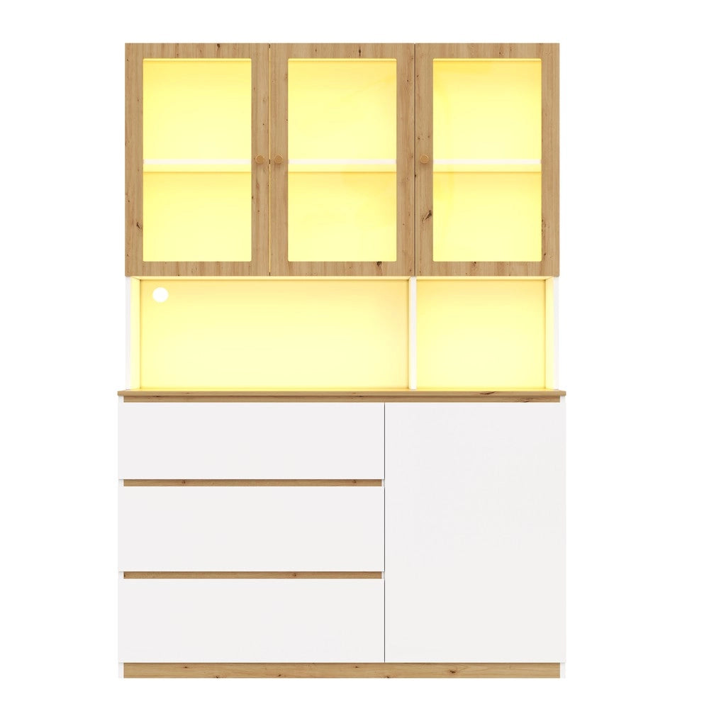Vetrina illuminata a LED - Zephmum- 120x200 cm - Bianco e quercia - Multifunzionale con piano di lavoro esteso