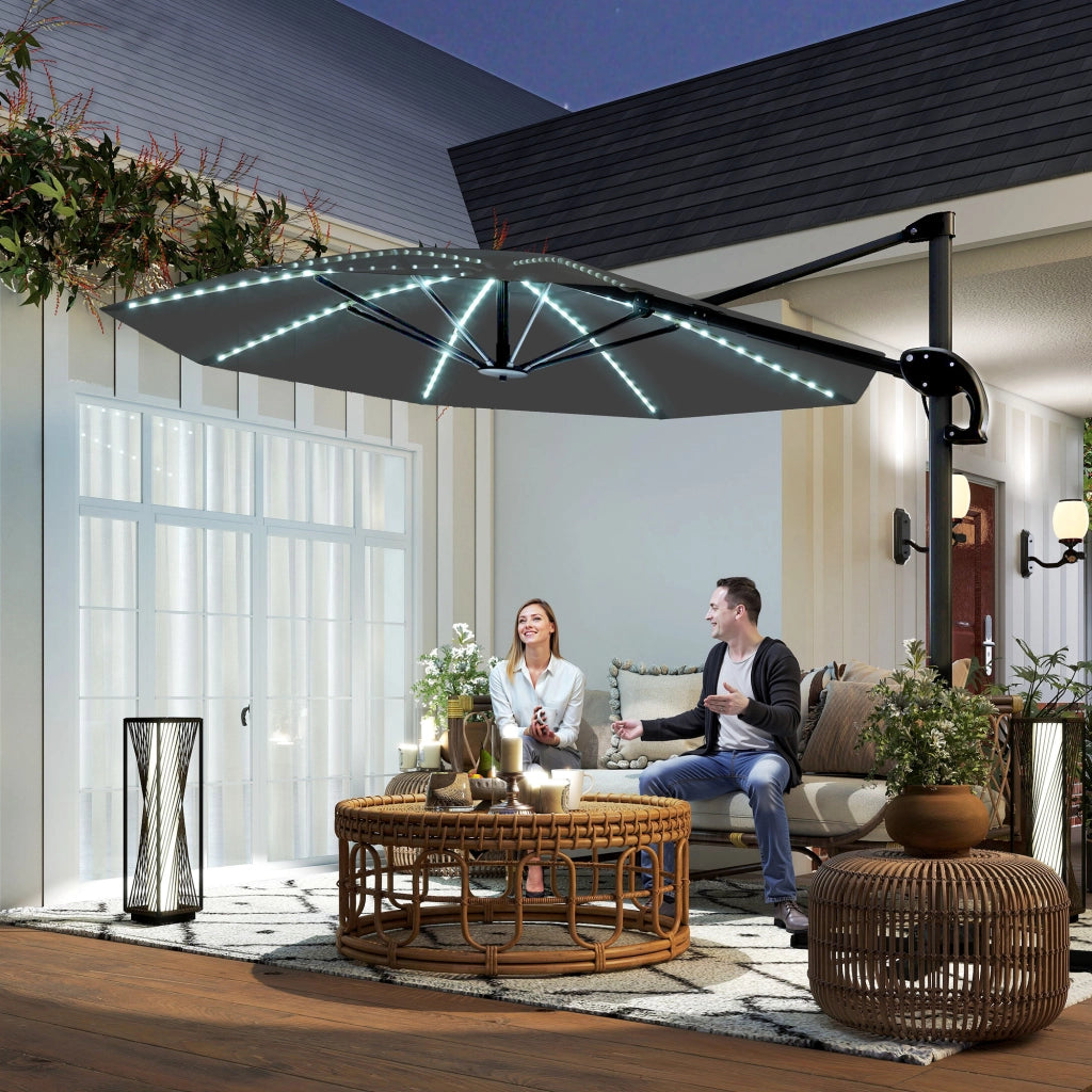 Parasole a sbalzo LED Solar ?300 cm Altezza Parasole regolabile con piepiedi UV50+ Grigio scuro