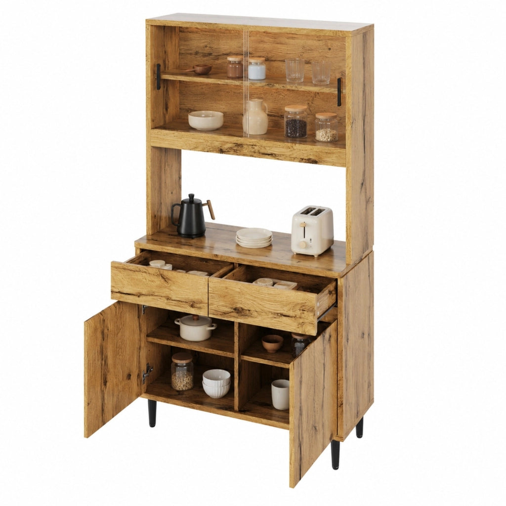 Credenza alta da sala da pranzo 100x40x185 cm con LED; prese e porte in vetro; rovere