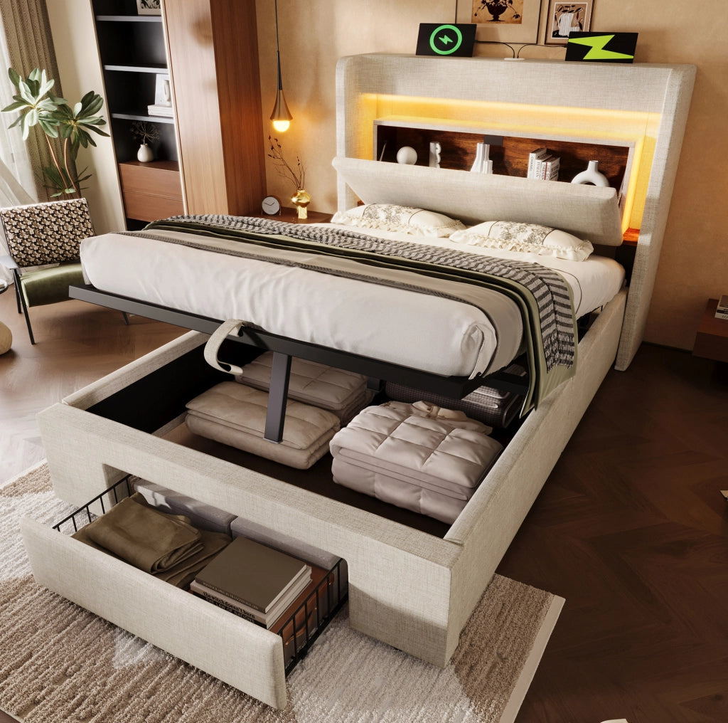 Letto contenitore 90x200 cm con LED; USB e USB C; beige; lino