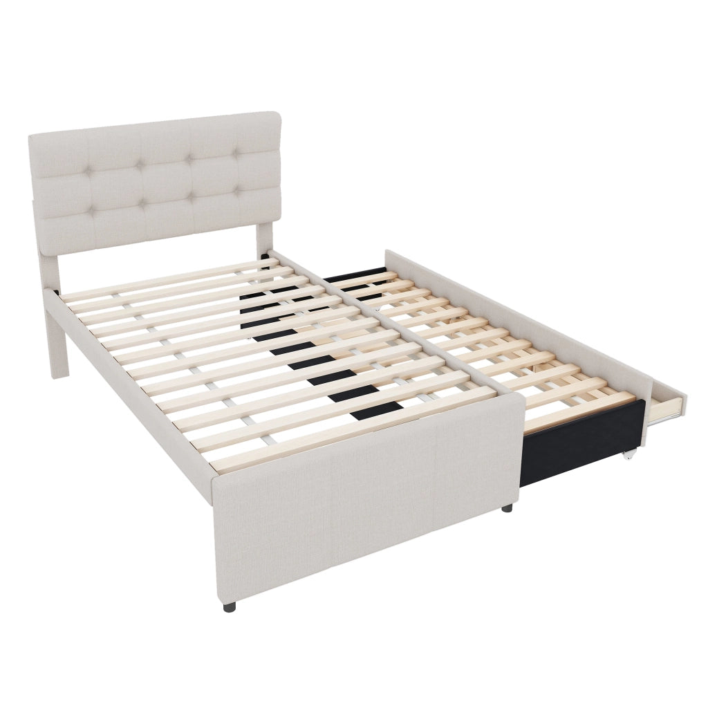 OKWISH Letto con Cassetti 90×200 cm, Letto Singolo con Letto estraibile, 3 Cassetti e Testiera Regolabile, senza Materasso, Beige