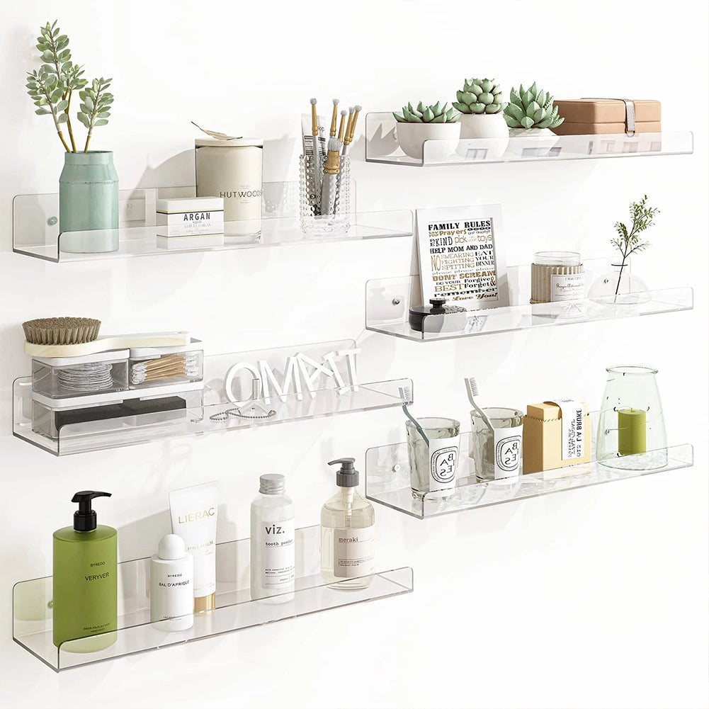 Kit 6 Mensole Acrilico Trasparenti da Parete Muro Organizer 38x10x5 cm