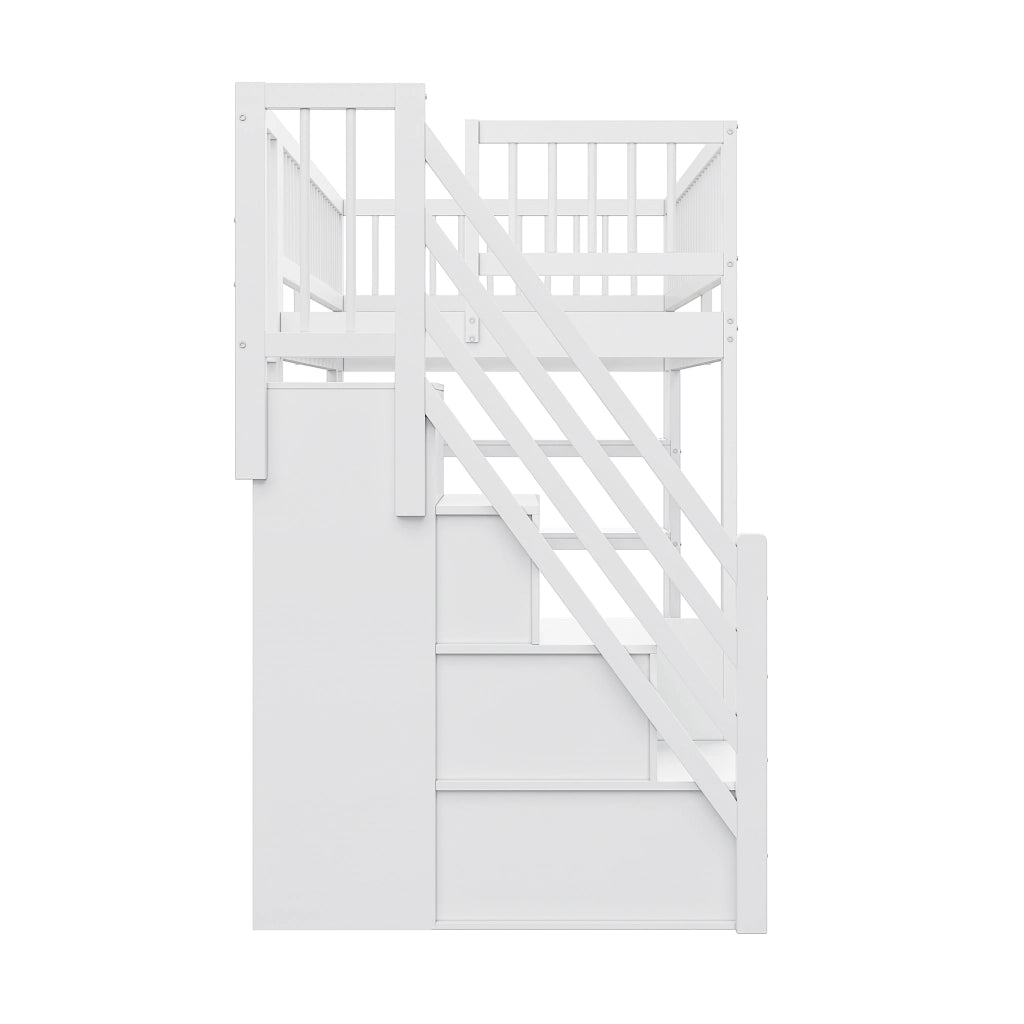 Letto a soppalco singolo 90×200 cm con armadio; ripiani e scala di sicurezza; senza materasso; legno; bianco
