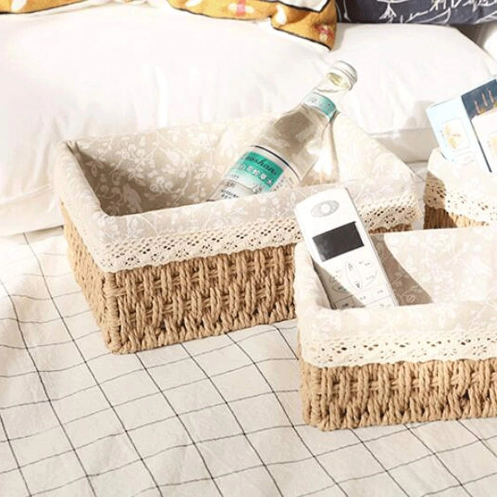 Trade Shop - Set 3 Pz Porta Oggetti Organizer Cestino Intrecciato Con Fodera In Tessuto 79158 -