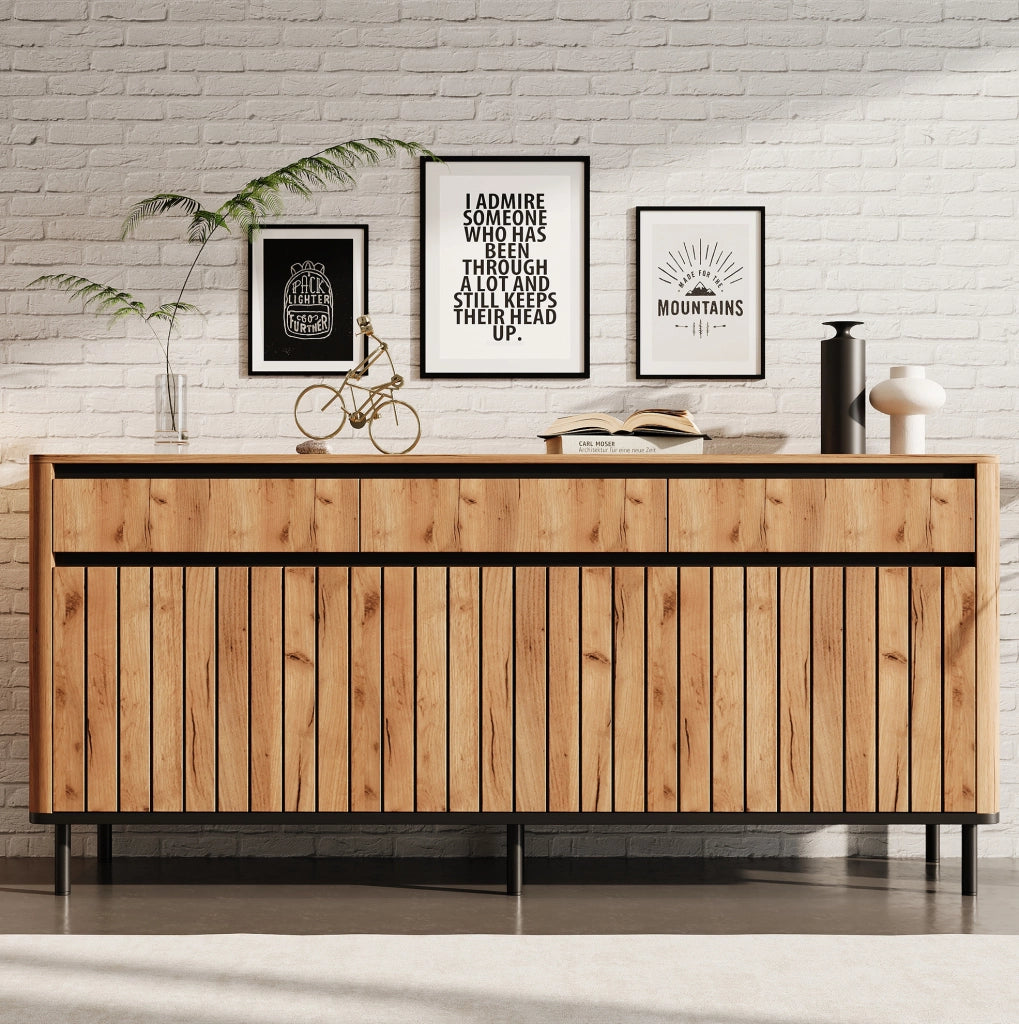 Sideboard moderno 160 x 40 x 73 cm in MDF con 3 cassetti e 3 ante a lamelle