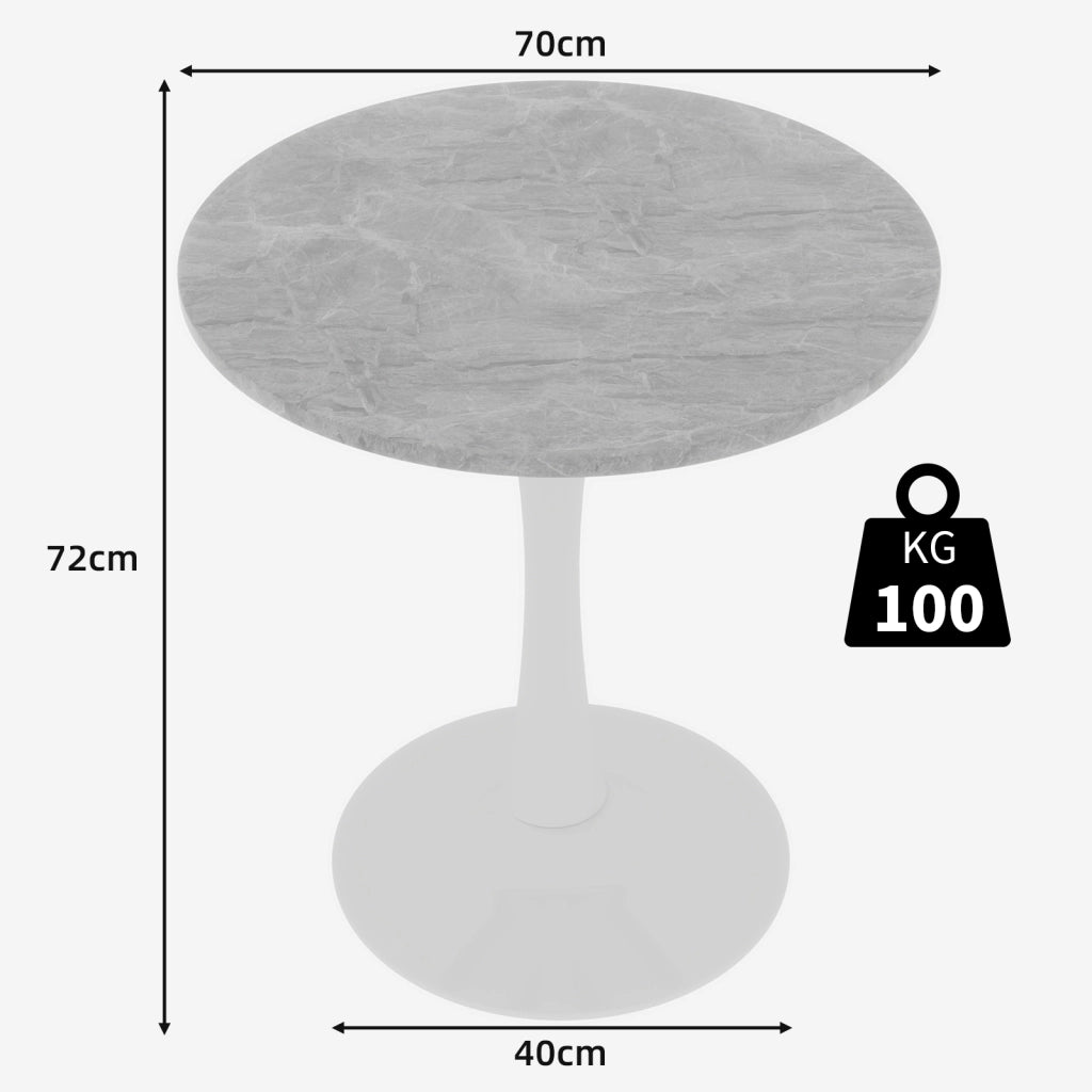 Tavolo da pranzo - stile mid-century - rotondo - marmo venato grigio - Ø70 cm - per 2-4 persone - bianco