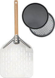 Set per forare e servire pizza, 3 pezzi, 30,5 cm, spatola per pizza in alluminio con manico in legno rimovibile, acciaio inossidabile, forma rotonda per pizza, teglia per pizza per il forno.