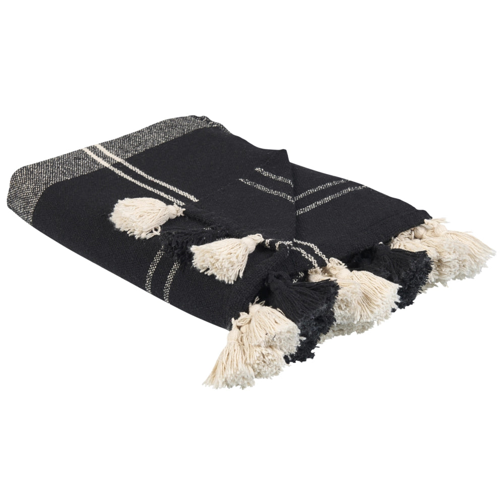 Coperta in cotone nero 130 x 170 cm Accessorio a scacchiera con frange decorative Fatto a mano
