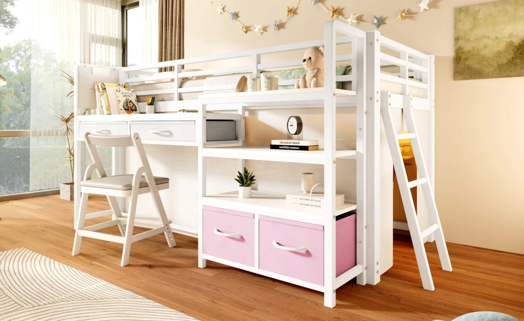 Letto a soppalco ULEVR 90x200 cm con scrivania, ripiani, cassetti in tessuto e LED multicolore, bianco