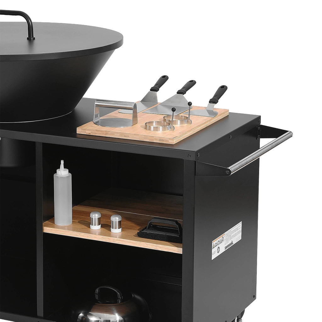 Braciere barbecue ø80cm, carrello con spazi di stoccaggio, coperchio e