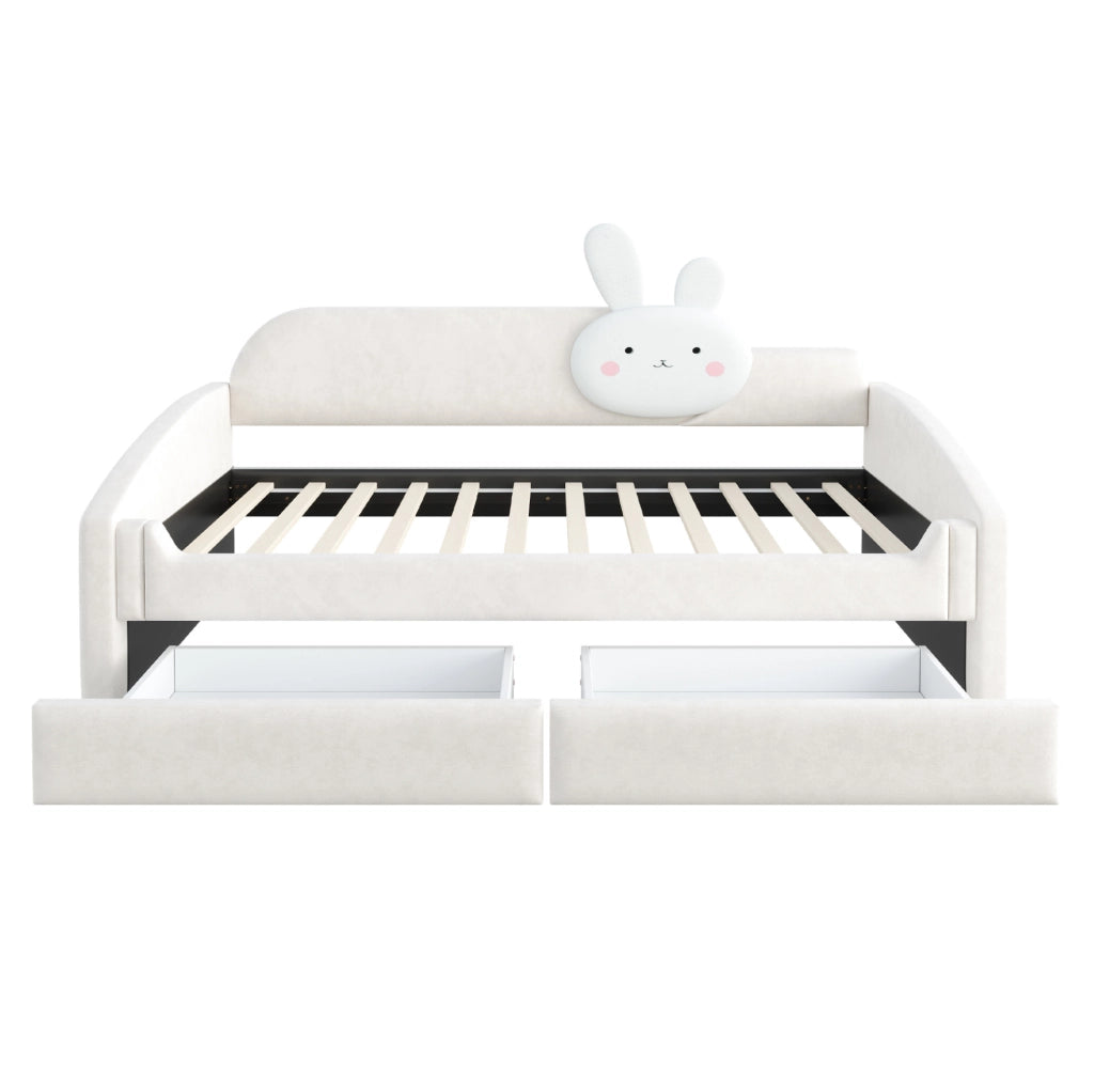 Letto imbottito 90x200 cm con cassetti e LED in velluto beige