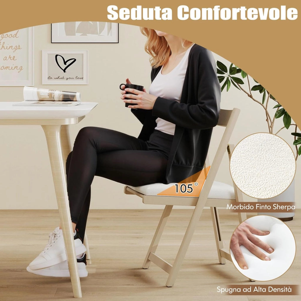 Set di 2 Sedie Pieghevole, Sedie da Pranzo in Legno di Gomma con Schienale Curvo e Seduta Imbottita, Portata 150 kg, Sedie Ergonomiche per Cucina, Soggiorno, Matrimonio e Ristorante (Beige)