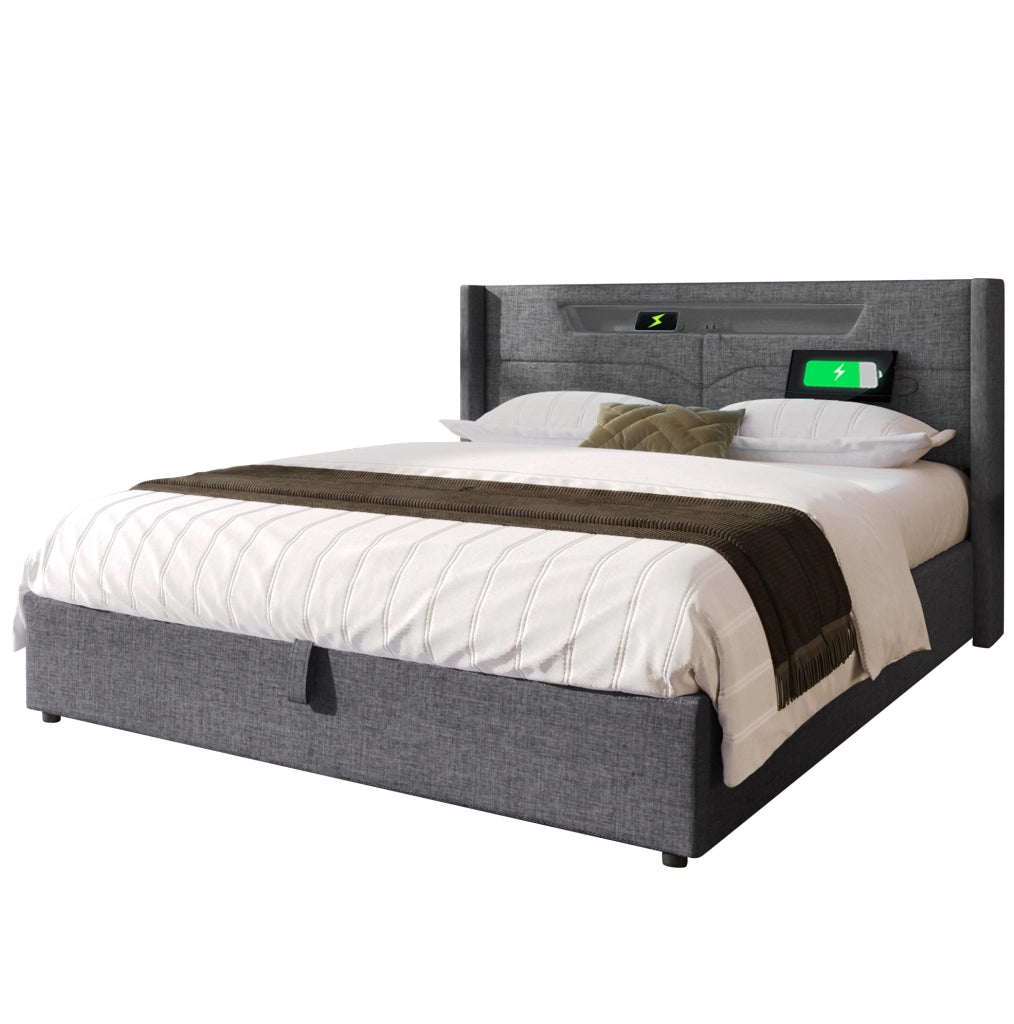 Letto matrimoniale 160x200 cm in tessuto effetto lino grigio con LED; USB e contenitore