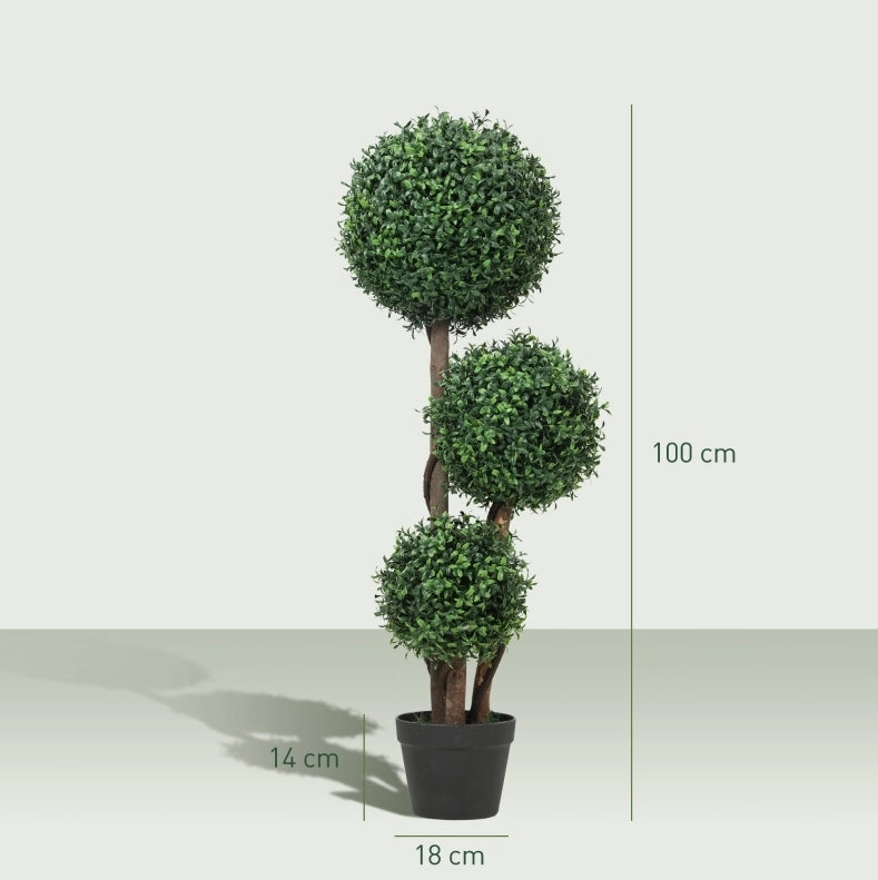 Bosso artificiale a tre sfere 30 x 30 x 100 cm in plastica verde con vaso